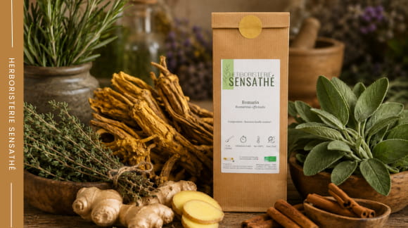 Thym, romarin, gentiane, gingembre, sauge et cannelle en vrac pour préparer un vin médicinal maison - Herboristerie Sensathé Thym, romarin, gentiane, gingembre, sauge et cannelle en vrac pour préparer un vin médicinal maison - Herboristerie Sensathé